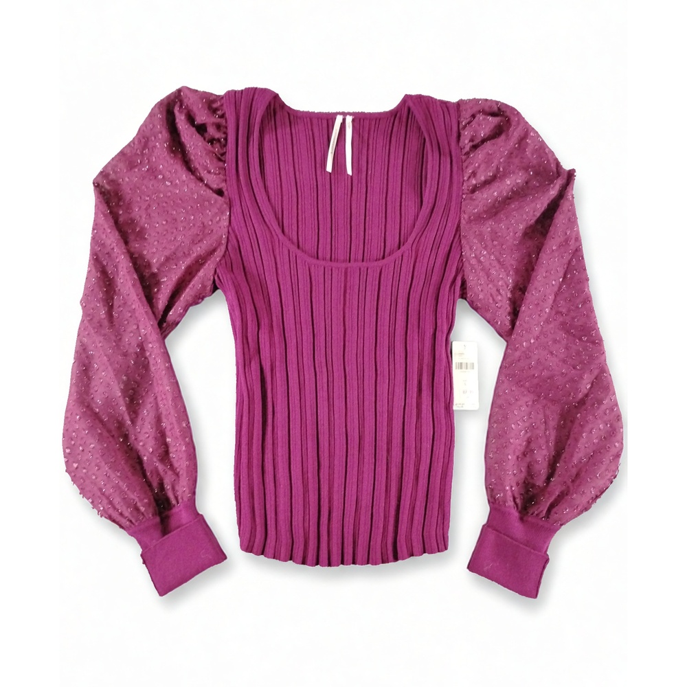 Anthropologie Size S Puff Sleeve Shimmer Rib Knit Top OBI637938 Blouse Fitted